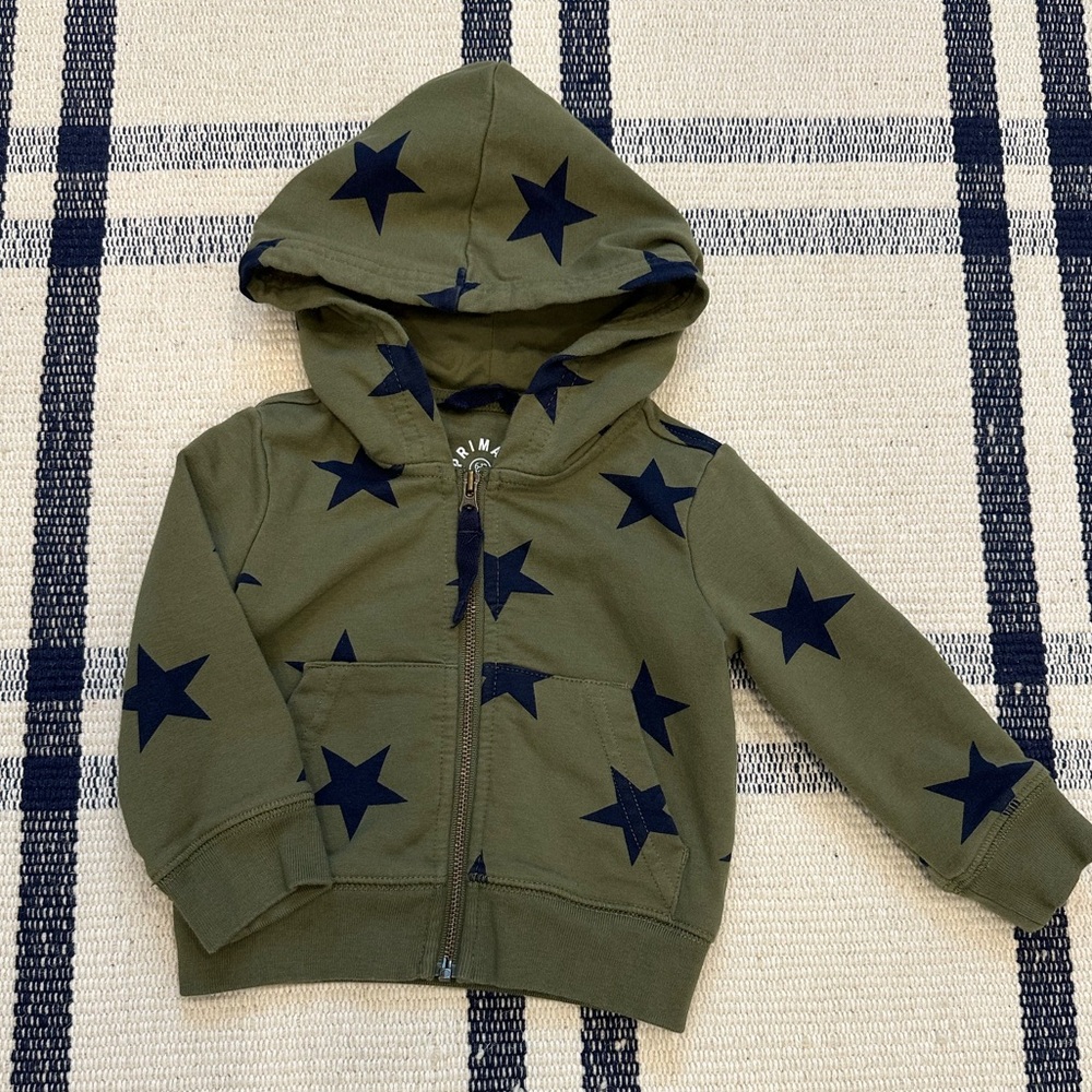 Primary Olive Hoodie with Navy Stars 6-12m (like new)
